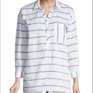 Beach Lunch Lounge Hazel White Blue Stripe Cotton Gauzy Tunic Top Size Large